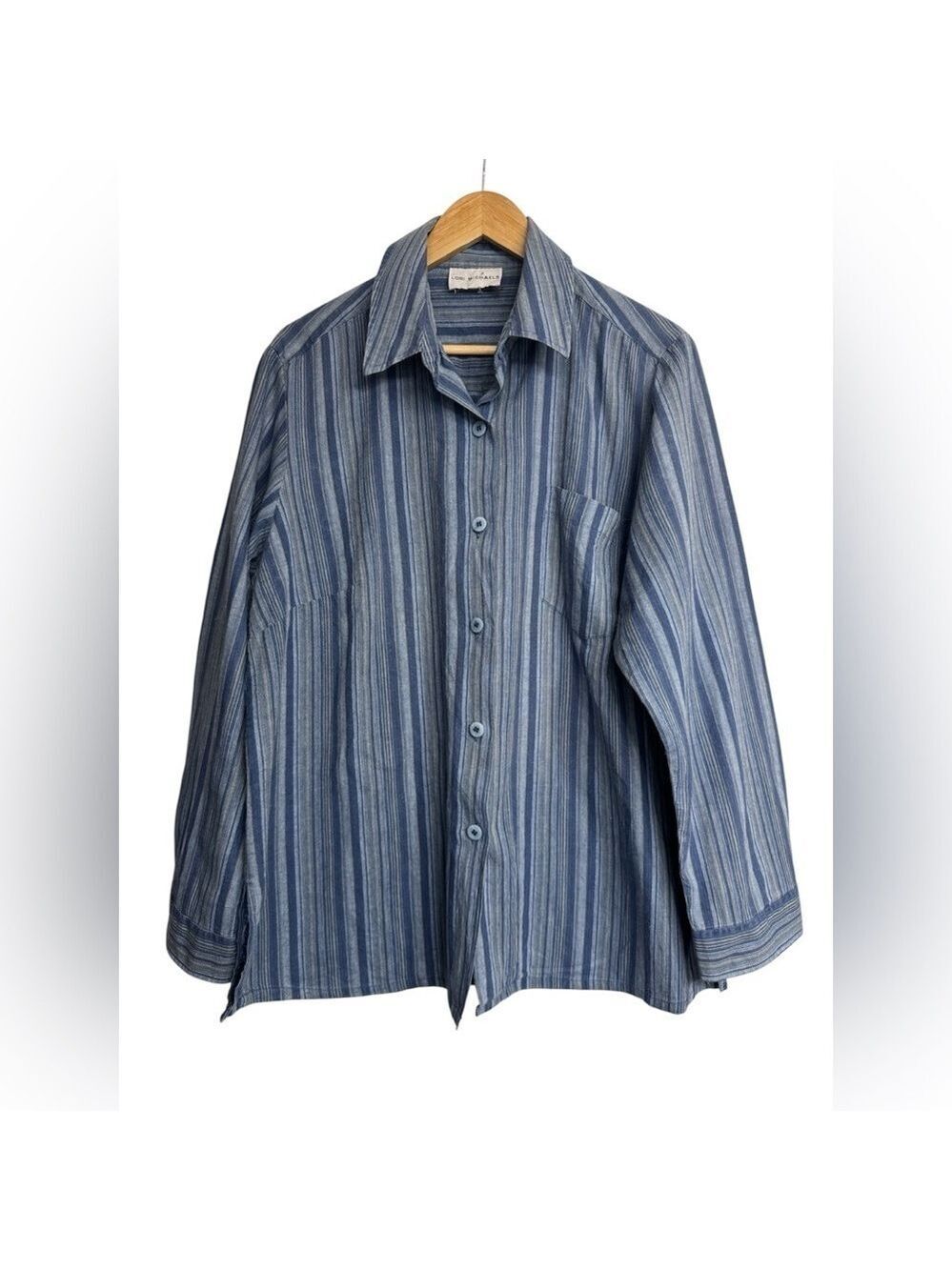 Lori Michaels Blue Striped Linen Cotton Button Front Shirt Large